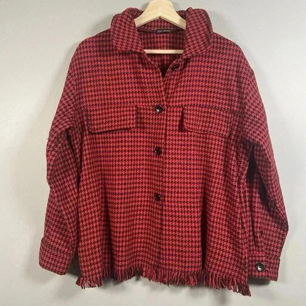 Coco Carmen Houndstooth Fringe Shacket Red Black Button Down Shirt‎ Jacket
